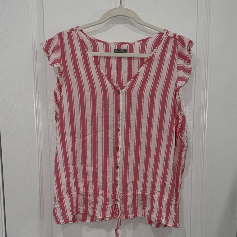 Falls Creek pink & White Striped Button-Front Sleeveless Top with ruffle hem 2X